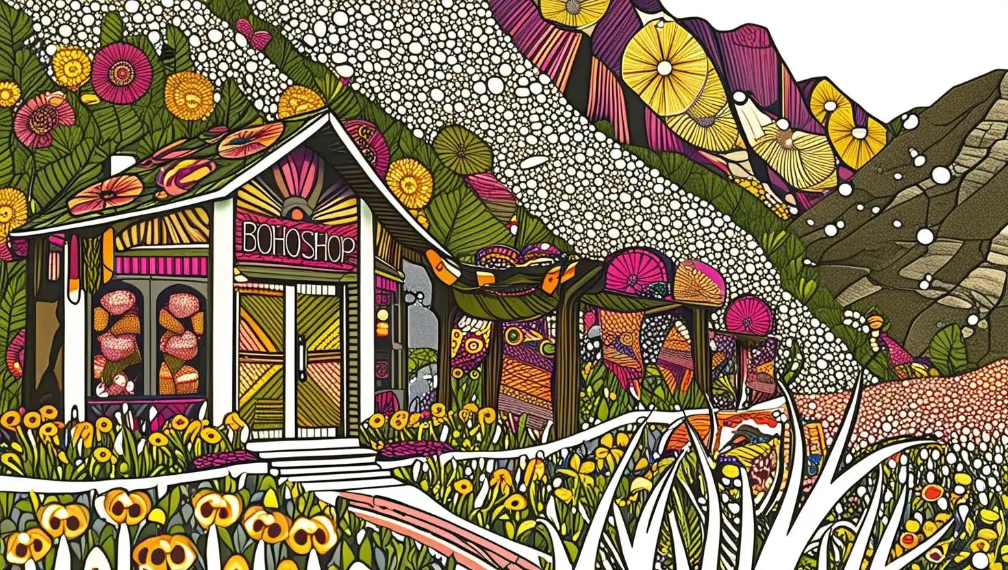 Boho-style shop with colorful, patterned details.
