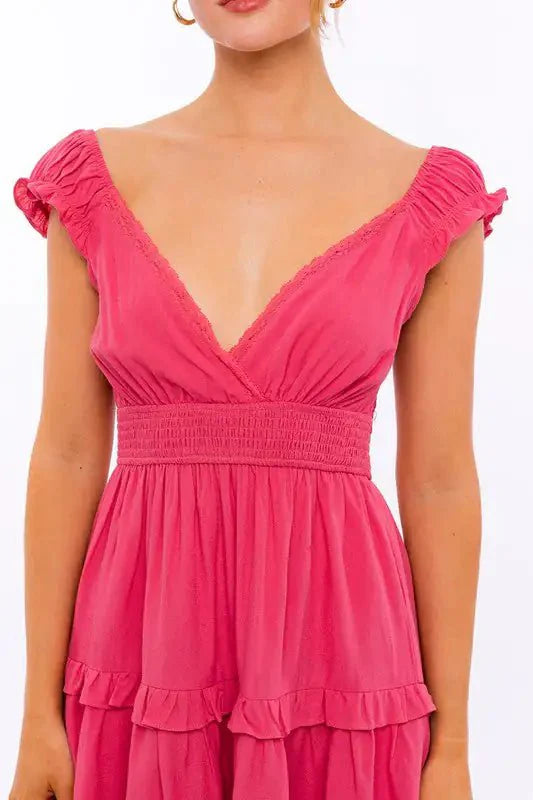 dress - Cap Sleeve Ruffle Mini Dress - Boho Eco Boutique™ - dress - Boho Eco Boutique™ - S - PINK -