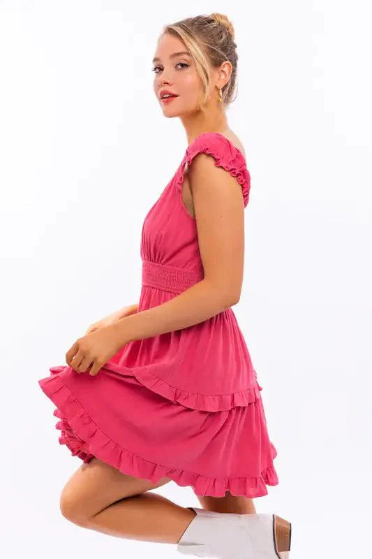 dress - Cap Sleeve Ruffle Mini Dress - Boho Eco Boutique™ - dress - Boho Eco Boutique™ - S - PINK -