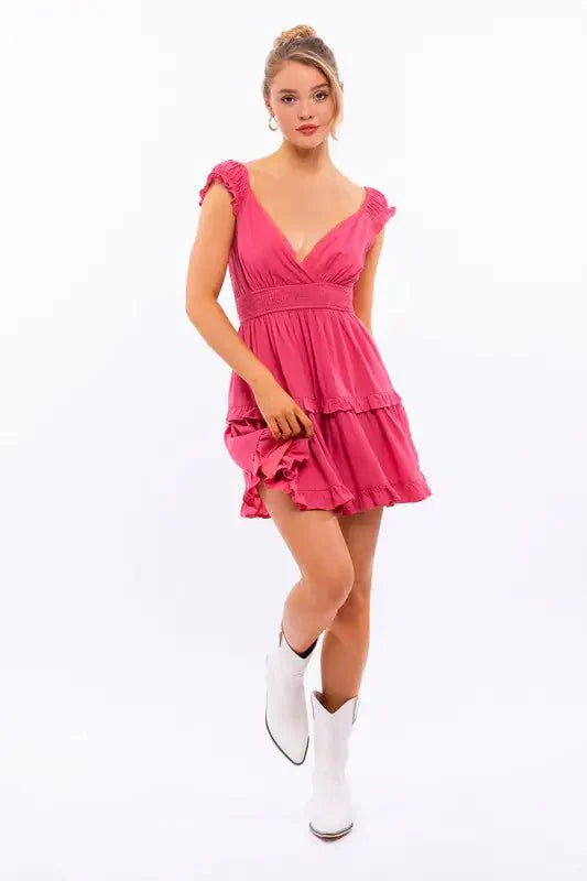dress - Cap Sleeve Ruffle Mini Dress - Boho Eco Boutique™ - dress - Boho Eco Boutique™ - S - PINK -