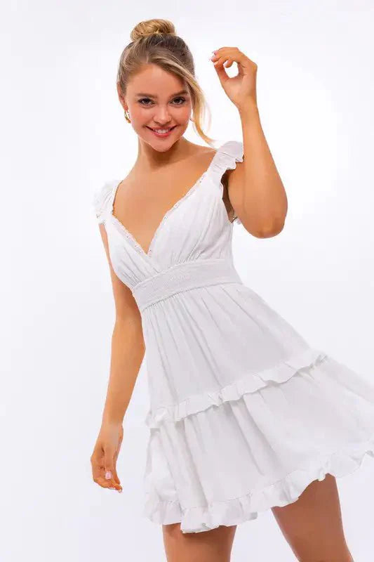 dress - Cap Sleeve Ruffle Mini Dress - Boho Eco Boutique™ - dress - Boho Eco Boutique™ - M - WHITE -