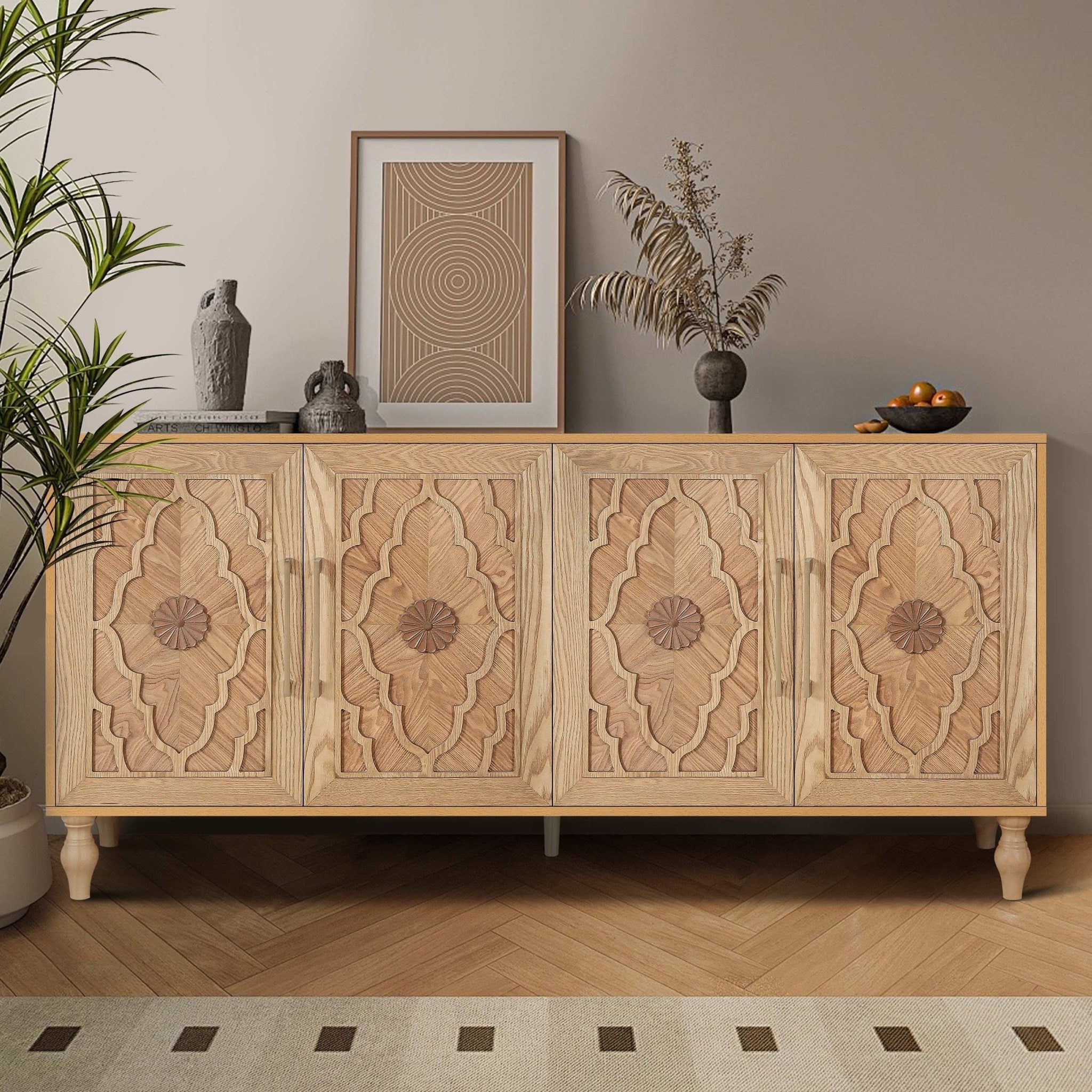 customized - Carved Flower Door Large Storage Cabinet With Metal Handle Suitable For Living Room, Kitchen, Entryway - Boho Eco Boutique™ - customized - Boho Eco Boutique™ - Natural Wood -