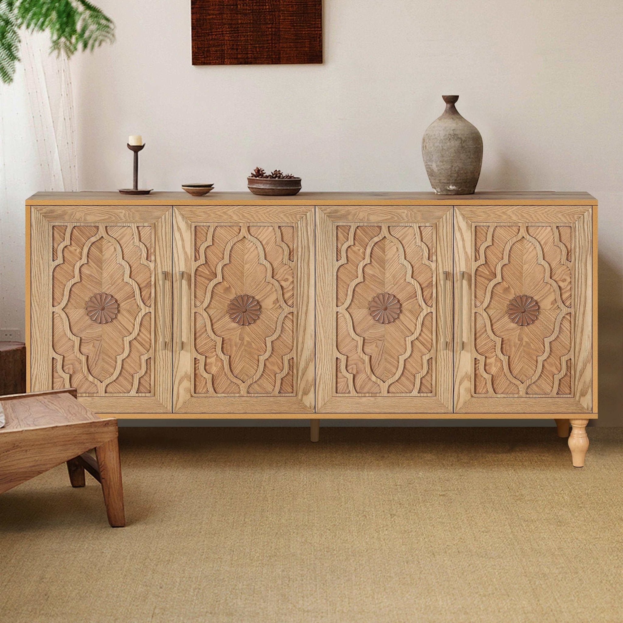 customized - Carved Flower Door Large Storage Cabinet With Metal Handle Suitable For Living Room, Kitchen, Entryway - Boho Eco Boutique™ - customized - Boho Eco Boutique™ - Natural Wood -