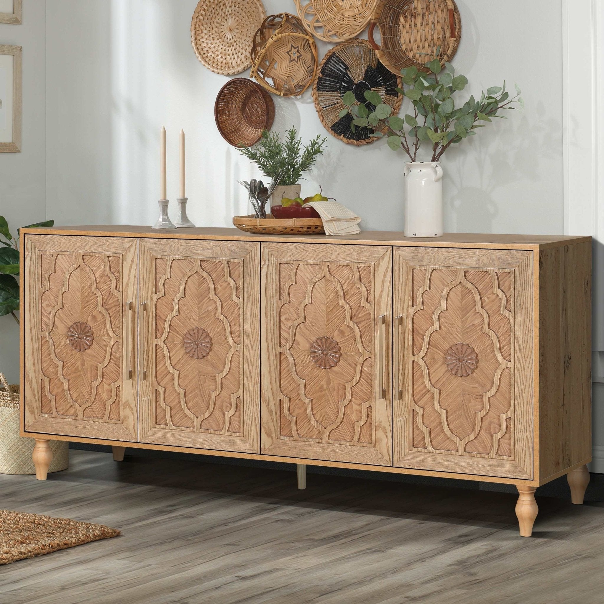 customized - Carved Flower Door Large Storage Cabinet With Metal Handle Suitable For Living Room, Kitchen, Entryway - Boho Eco Boutique™ - customized - Boho Eco Boutique™ - Natural Wood -