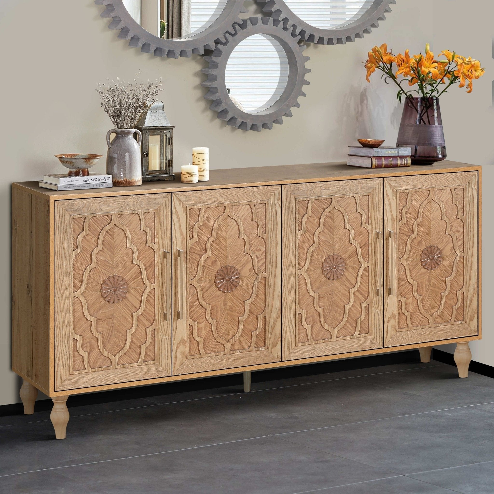 customized - Carved Flower Door Large Storage Cabinet With Metal Handle Suitable For Living Room, Kitchen, Entryway - Boho Eco Boutique™ - customized - Boho Eco Boutique™ - Natural Wood -