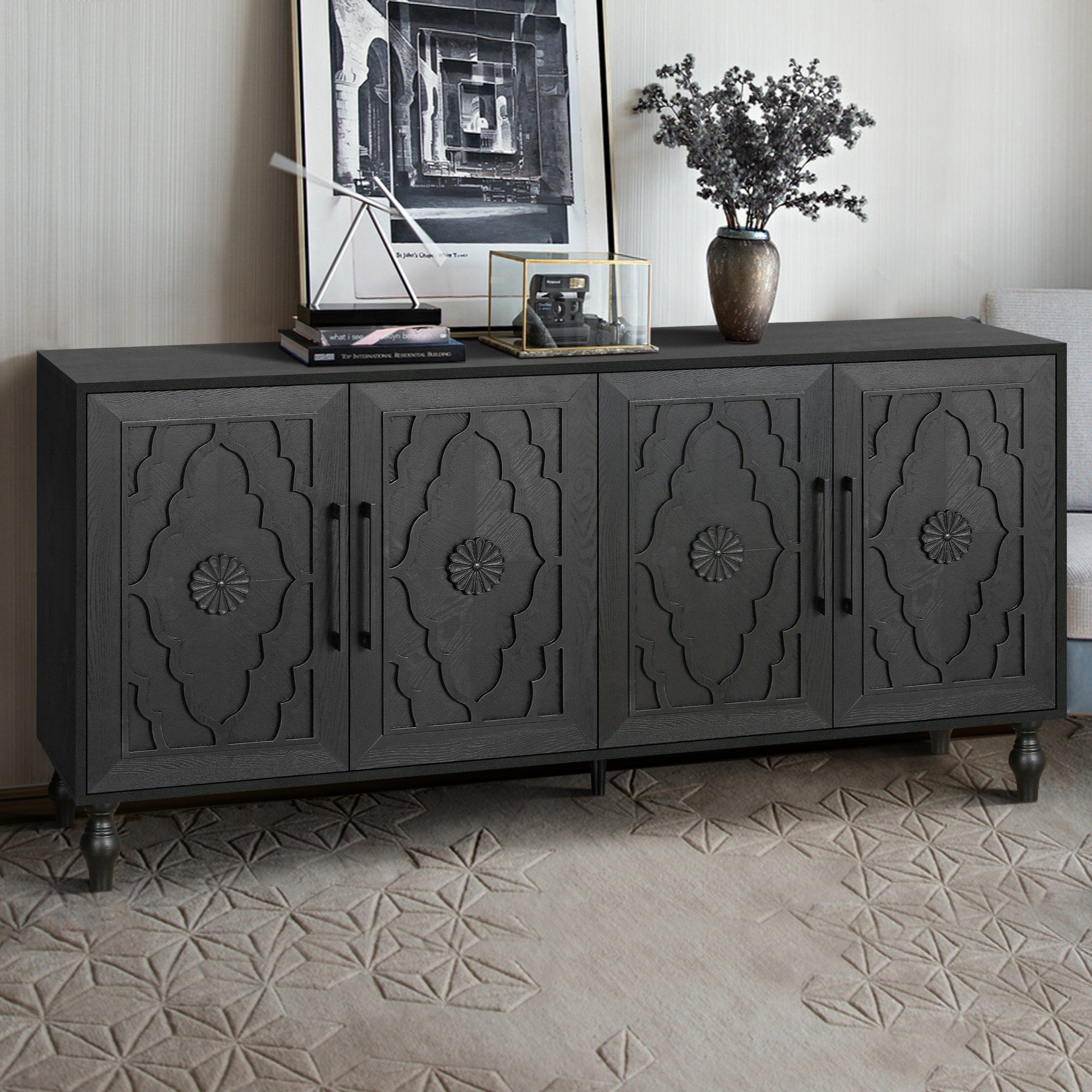 customized - Carved Flower Door Large Storage Cabinet With Metal Handle Suitable For Living Room, Kitchen, Entryway - Boho Eco Boutique™ - customized - Boho Eco Boutique™ - Black -