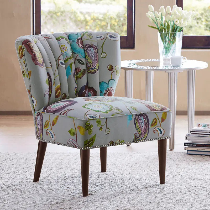 Channel Back Floral Boho Slipper Chair - Vibrant Upholstery Comfortable Tufted Back Perfect Accent for Living Room