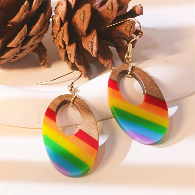 Chic Hollow Oval Resin & Wood Dangle Earrings - Nickel-Free Copper Hooks Perfect for All Occasions - Colorful - Earrings