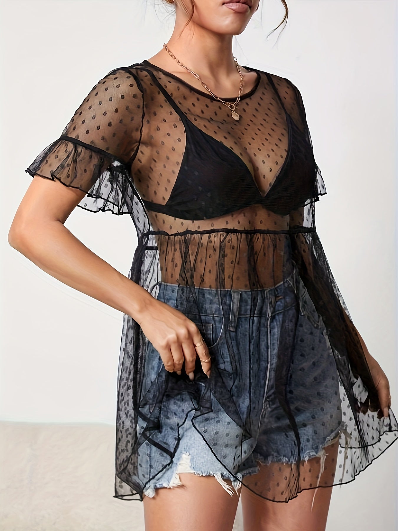 customized - Chic Polka Dot Mesh Blouse with Flounce Sleeves - Flirty Crew Neck Peplum Top for Spring & Summer Style - Womens Fashion Essential - Boho Eco Boutique™ - customized - Boho Eco Boutique™ - Black - S(4) -
