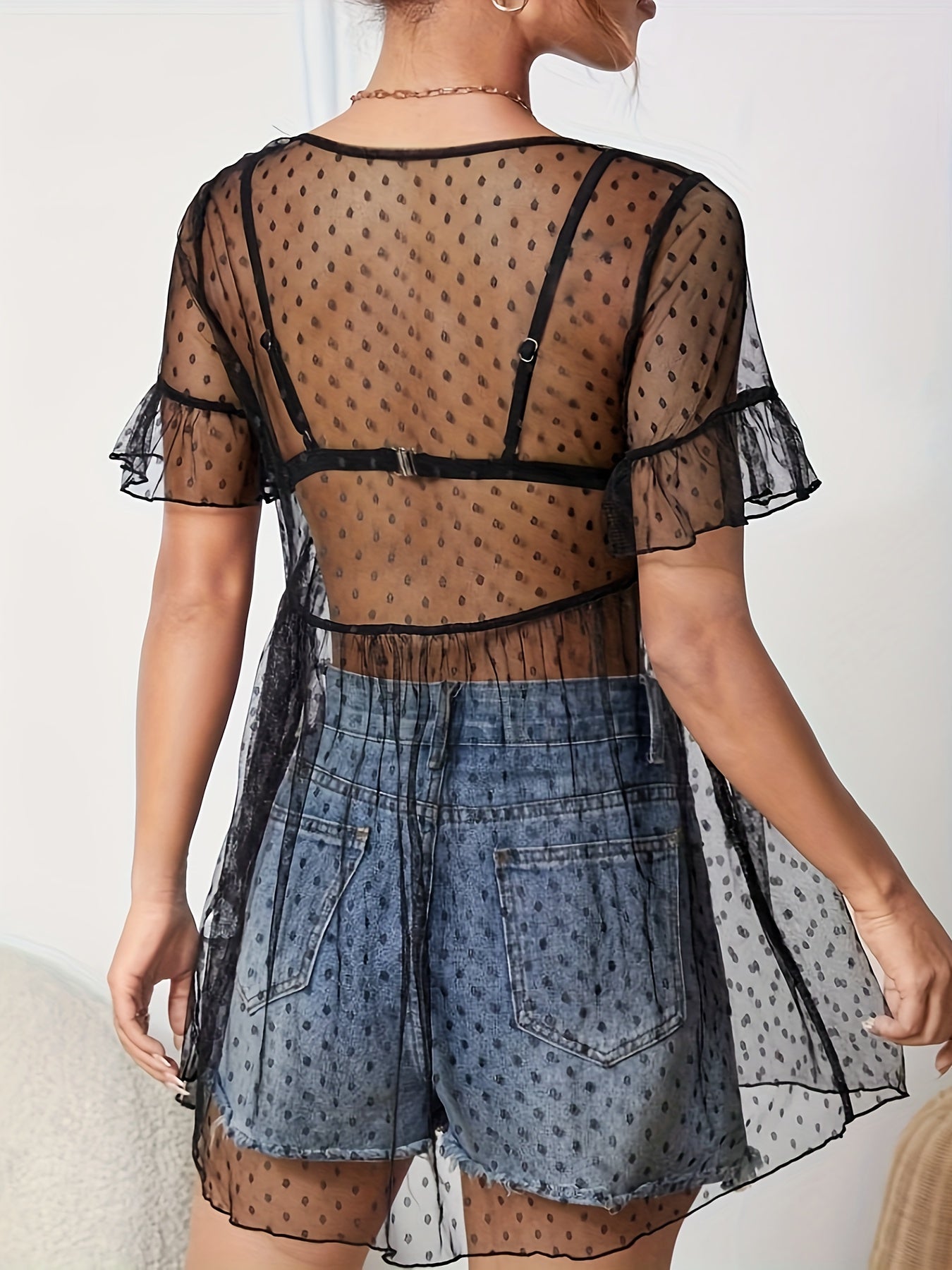 customized - Chic Polka Dot Mesh Blouse with Flounce Sleeves - Flirty Crew Neck Peplum Top for Spring & Summer Style - Womens Fashion Essential - Boho Eco Boutique™ - customized - Boho Eco Boutique™ - Black - S(4) -