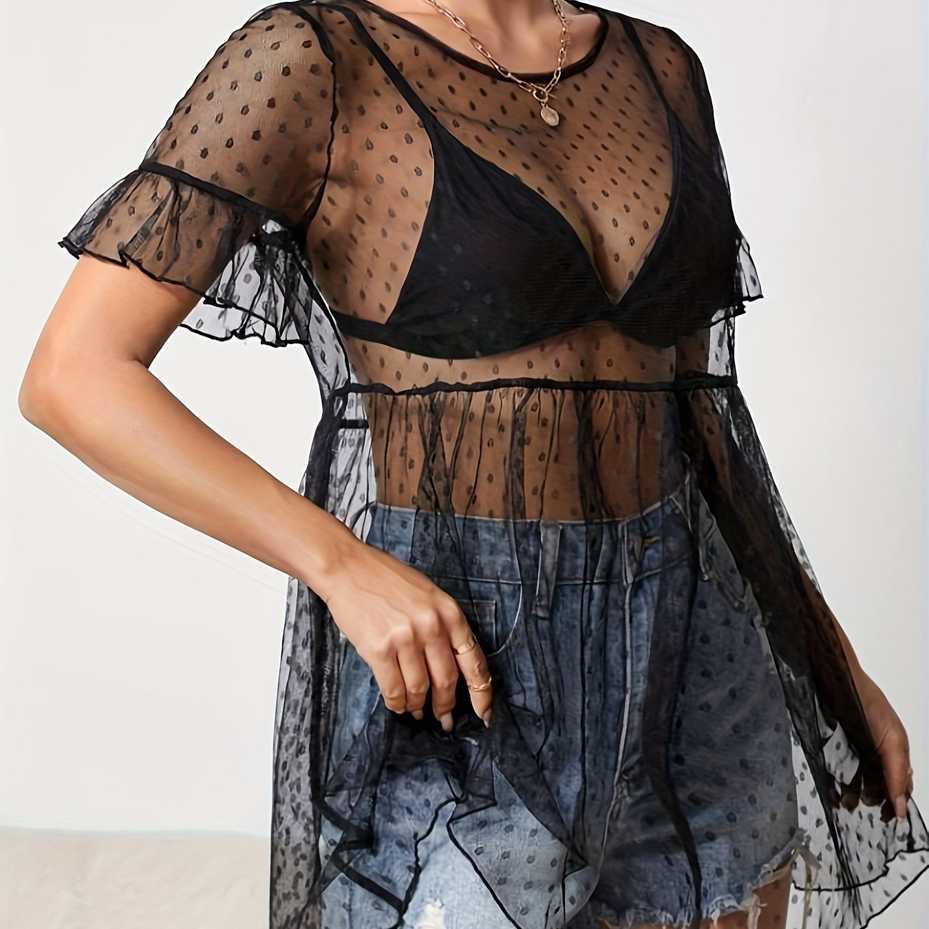 customized - Chic Polka Dot Mesh Blouse with Flounce Sleeves - Flirty Crew Neck Peplum Top for Spring & Summer Style - Womens Fashion Essential - Boho Eco Boutique™ - customized - Boho Eco Boutique™ - Black - S(4) -