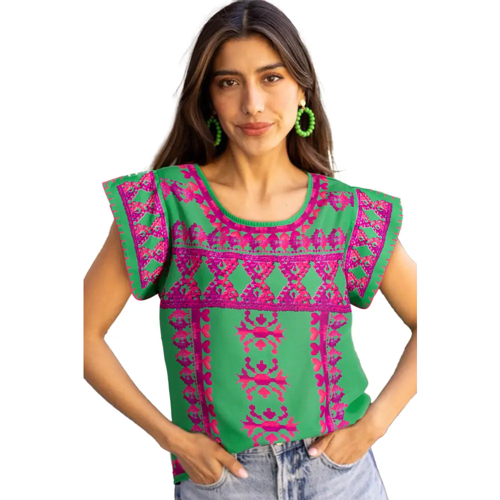 Chic Rose Boho Abstract Print Blouse with Split Cap Sleeves - Perfect for Casual Days and Stylish Evenings - Blouses