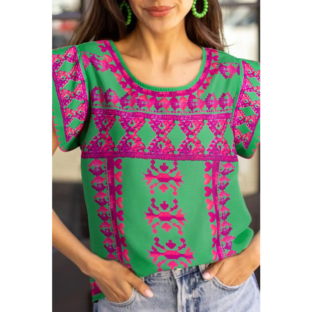 Chic Rose Boho Abstract Print Blouse with Split Cap Sleeves - Perfect for Casual Days and Stylish Evenings - Blouses