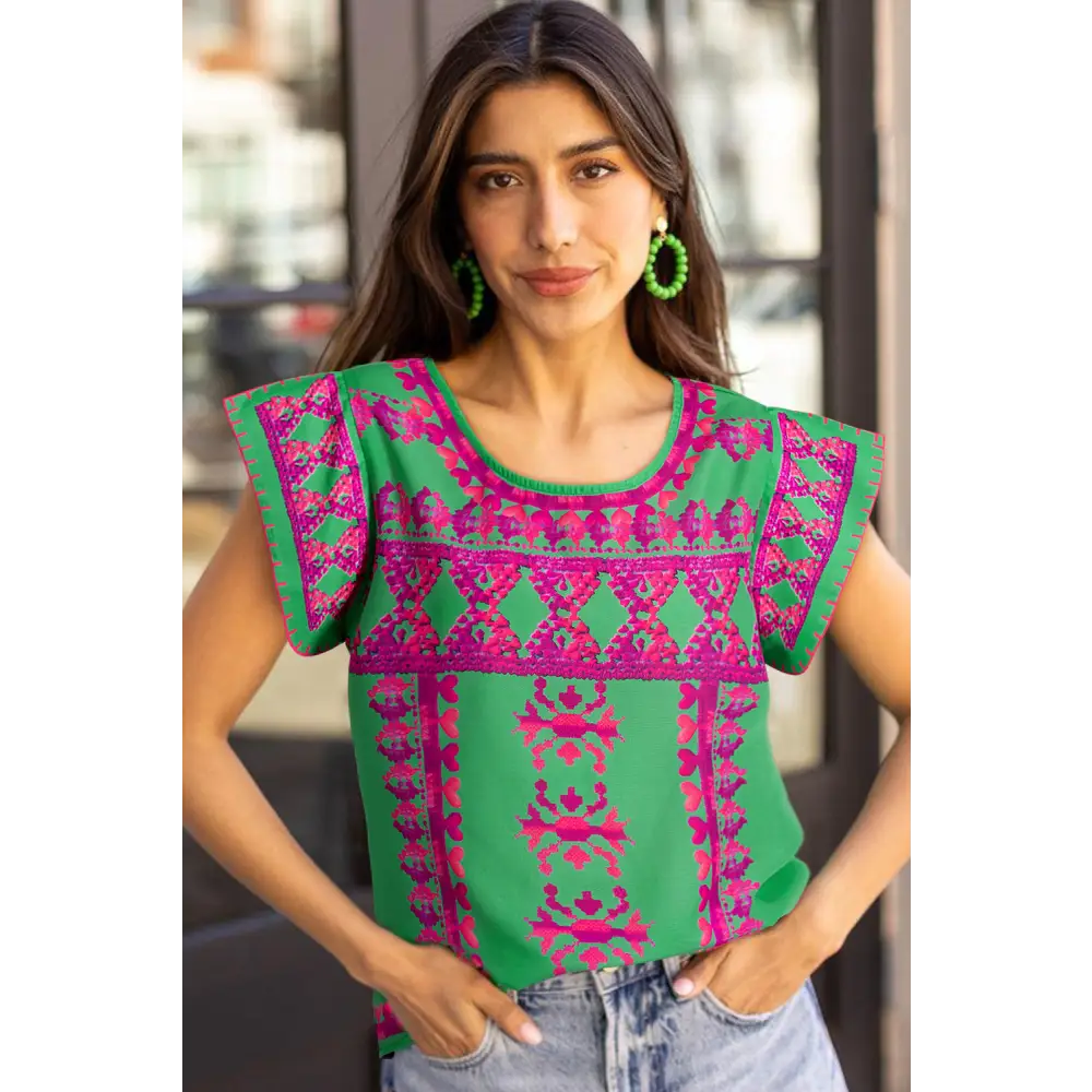 Chic Rose Boho Abstract Print Blouse with Split Cap Sleeves - Perfect for Casual Days and Stylish Evenings - Blouses