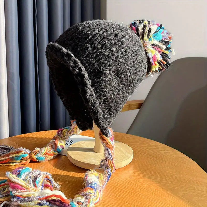 Chic Tassel Knit Beanie - Ear-Warming Winter Hat with Pompom Lightweight & Non-Stretch Hand Washable - Black - Beanie