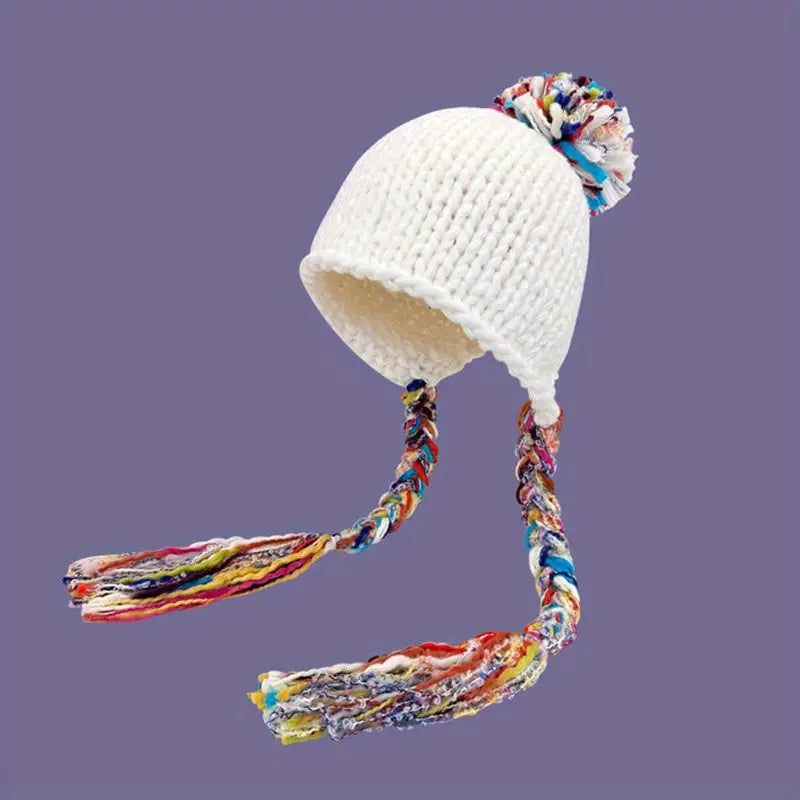 Chic Tassel Knit Beanie - Ear-Warming Winter Hat with Pompom Lightweight & Non-Stretch Hand Washable - White - Beanie