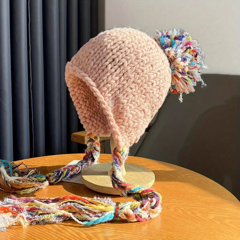 Chic Tassel Knit Beanie - Ear-Warming Winter Hat with Pompom Lightweight & Non-Stretch Hand Washable - pink - Beanie
