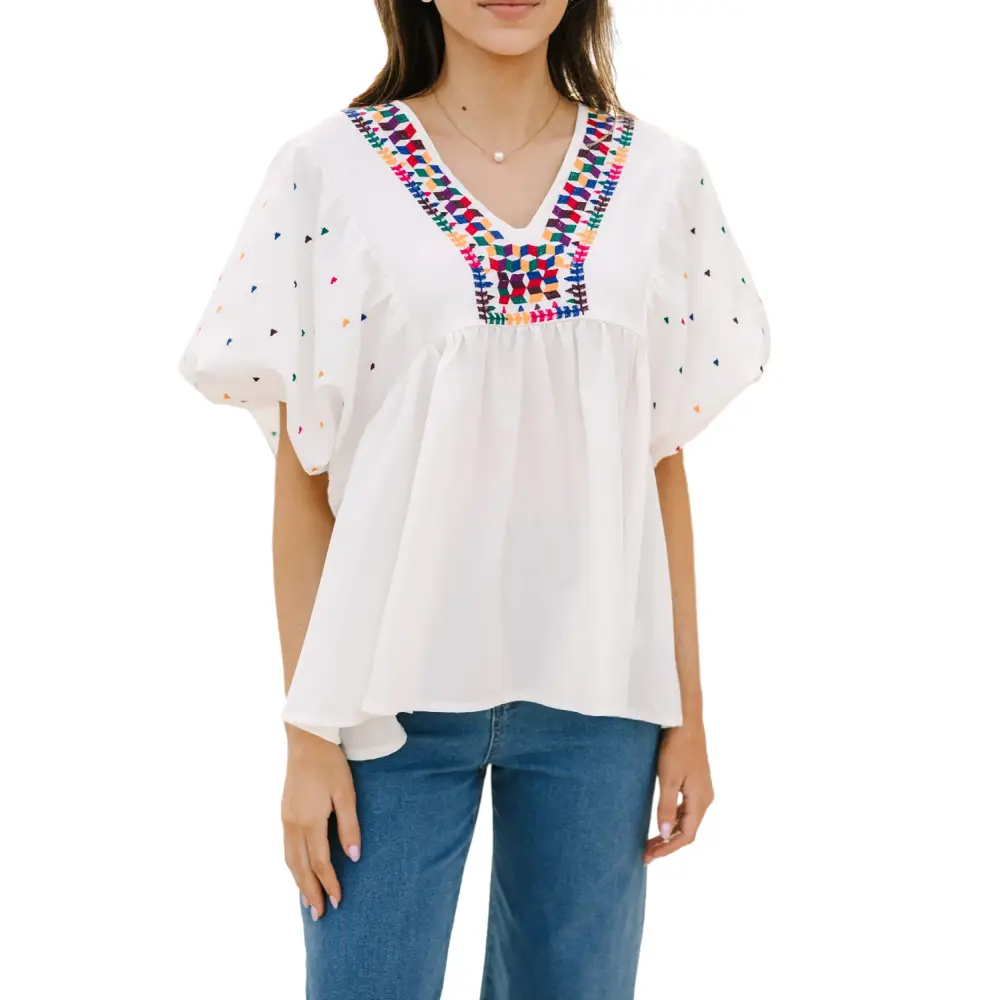 Chic White Babydoll Blouse with Colorful Geometric Print and V-Neck - Perfect for Casual or Dressy Occasions - Blouses