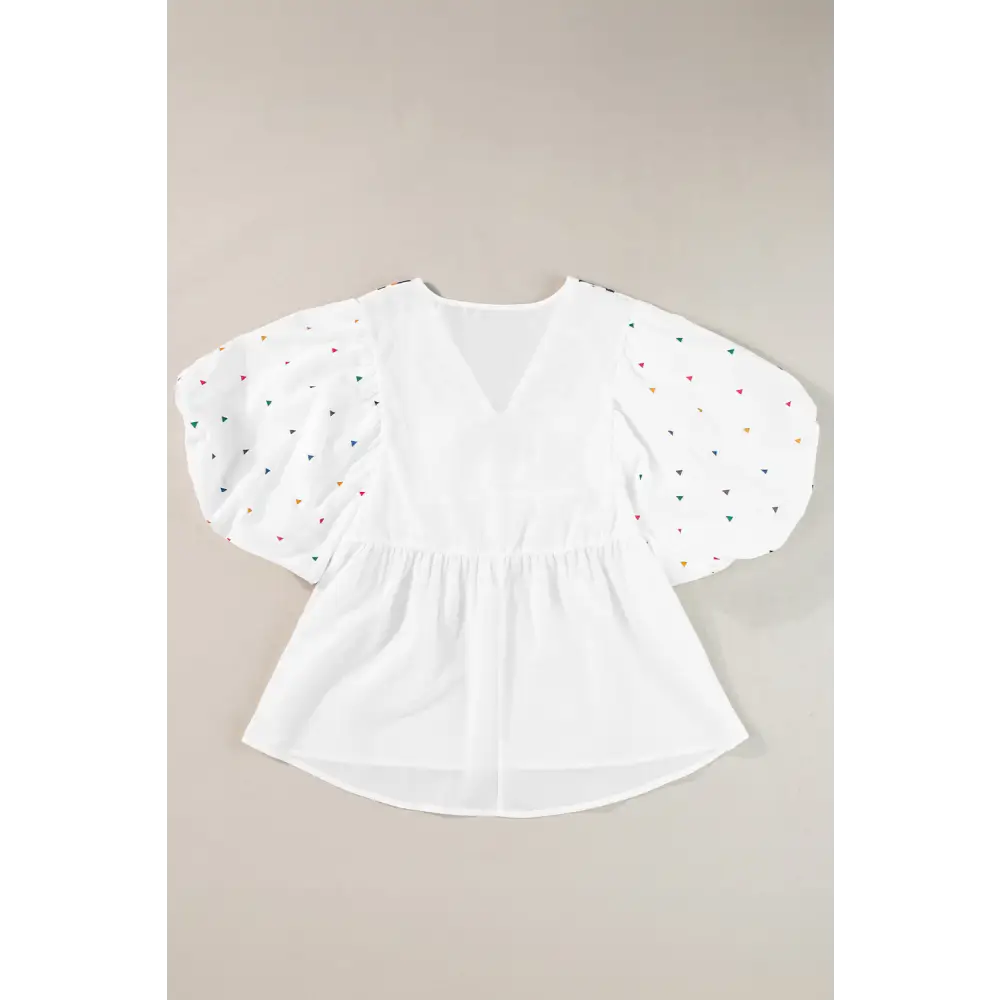 Chic White Babydoll Blouse with Colorful Geometric Print and V-Neck - Perfect for Casual or Dressy Occasions - Blouses