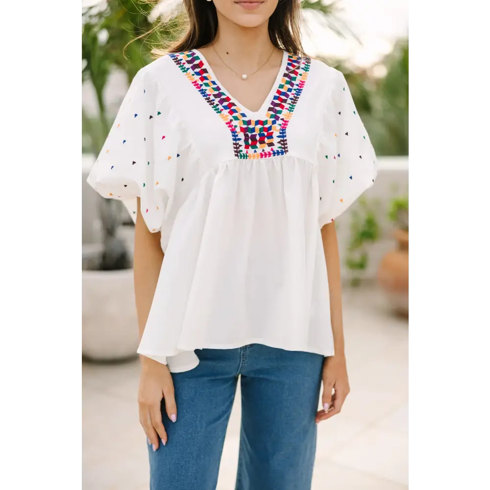 Chic White Babydoll Blouse with Colorful Geometric Print and V-Neck - Perfect for Casual or Dressy Occasions - White