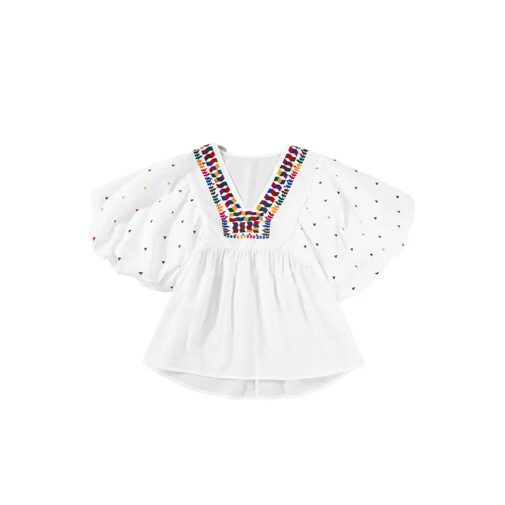 Chic White Babydoll Blouse with Colorful Geometric Print and V-Neck - Perfect for Casual or Dressy Occasions - Blouses