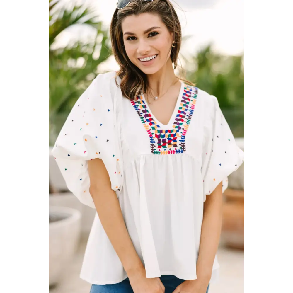 Chic White Babydoll Blouse with Colorful Geometric Print and V-Neck - Perfect for Casual or Dressy Occasions - Blouses