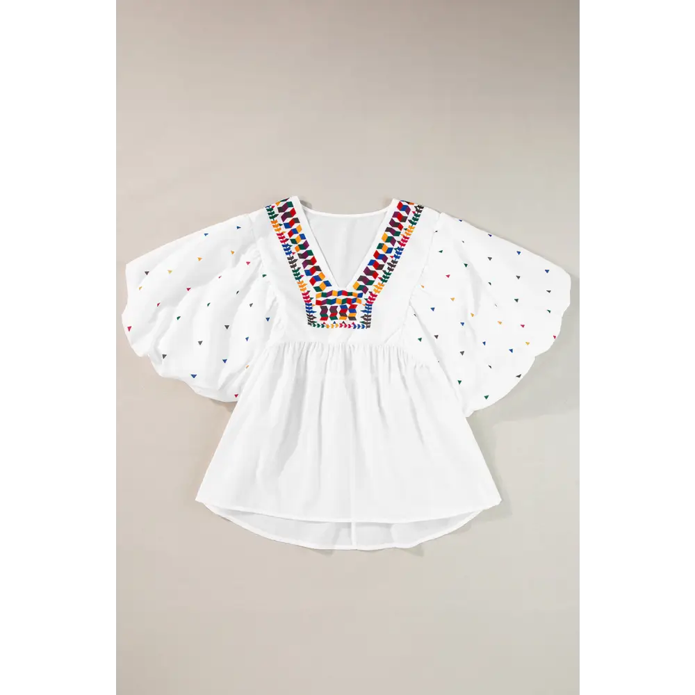 Chic White Babydoll Blouse with Colorful Geometric Print and V-Neck - Perfect for Casual or Dressy Occasions - Blouses