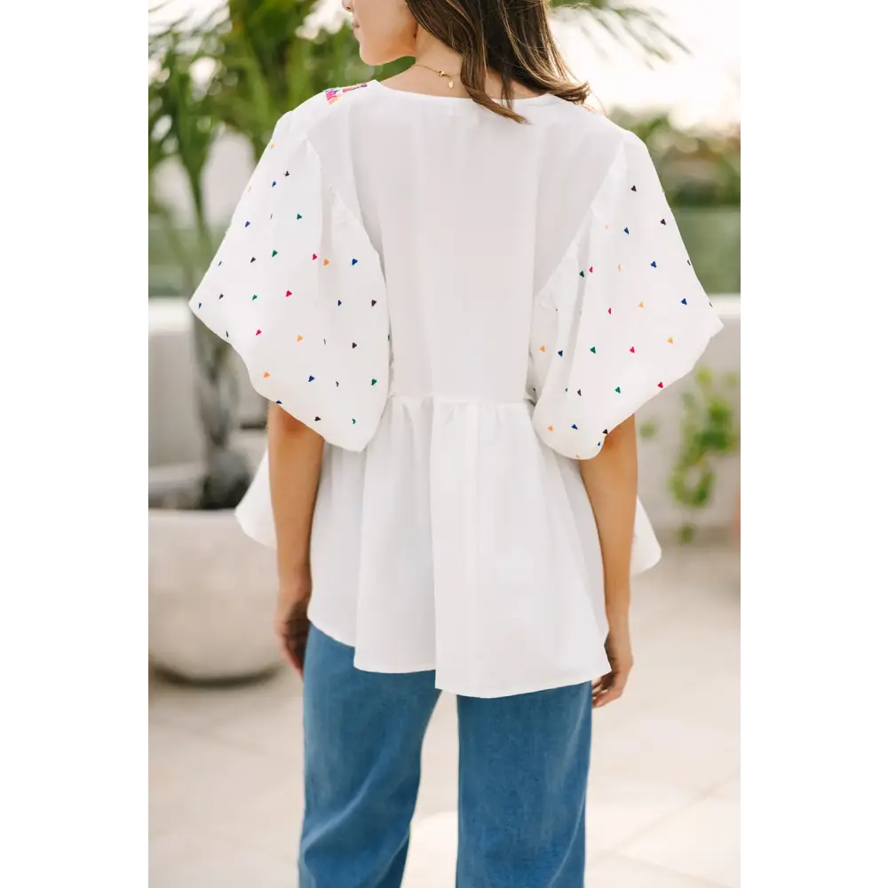 Chic White Babydoll Blouse with Colorful Geometric Print and V-Neck - Perfect for Casual or Dressy Occasions - Blouses