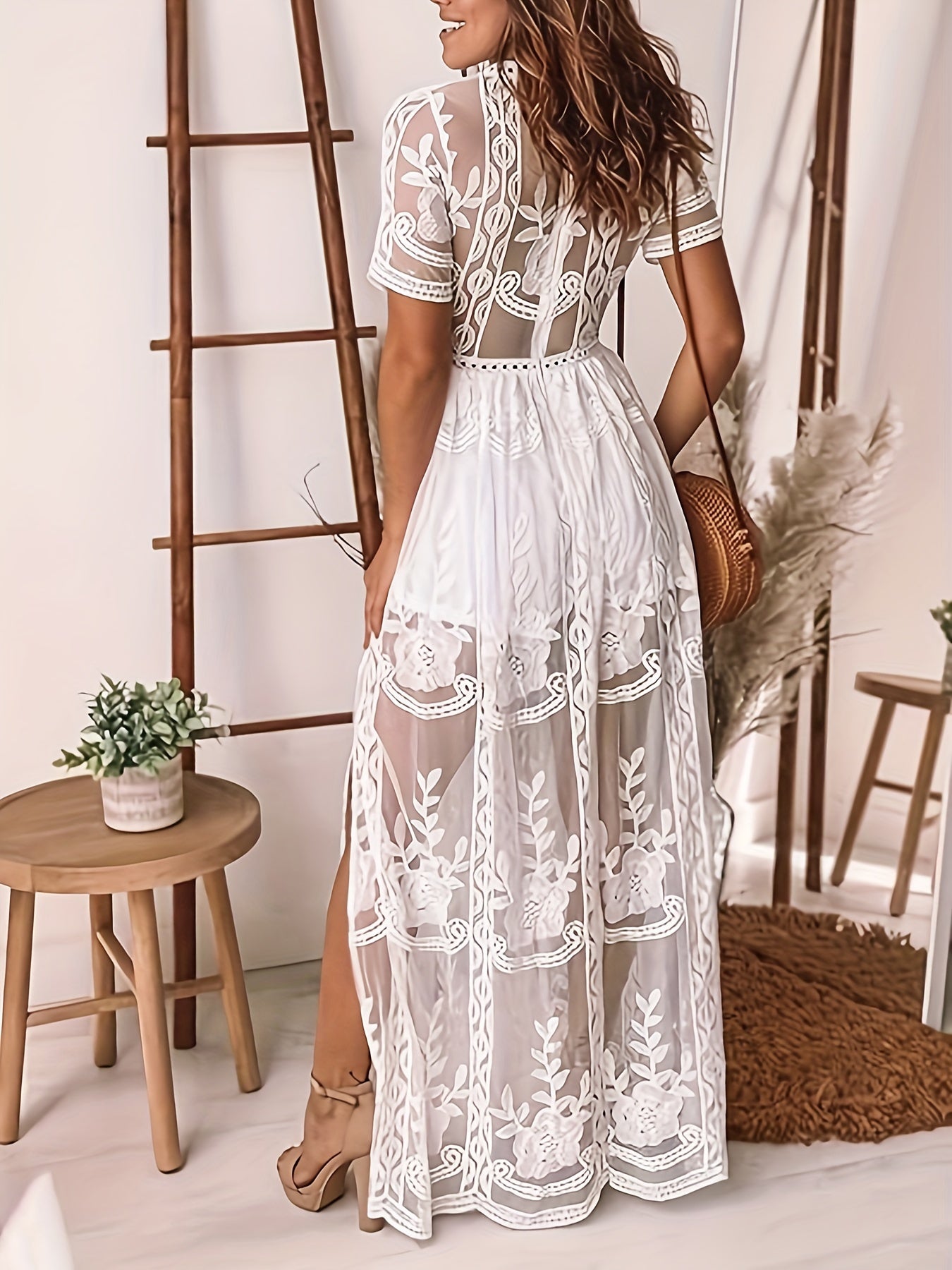 Stunning Split Hem Semi-Sheer Maxi Dress - Elegant V-Neck Short Sleeve Women's Dress for Spring & Summer Casual Occasions