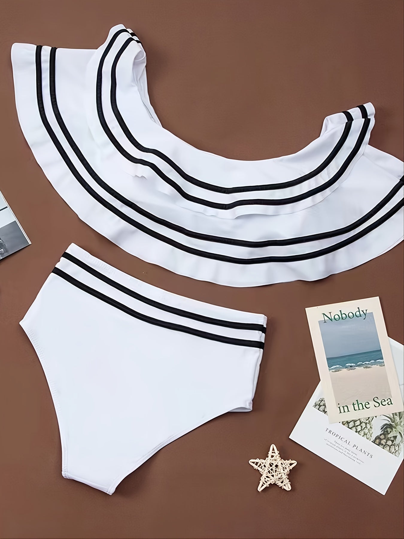 Two-Piece High-Waist Off-Shoulder Swimsuit - Tiered Ruffle Contrast Trim Women's Beachwear & Swimwear
