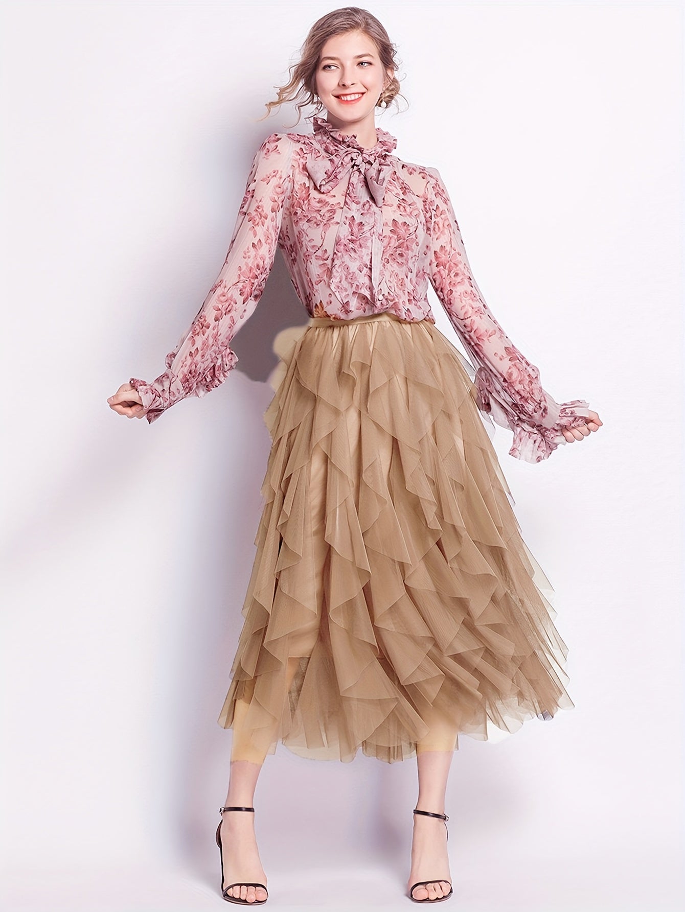 Women's Casual Elastic Waist Mesh Skirt - Solid Color Ruffle Decor with Asymmetric Hem