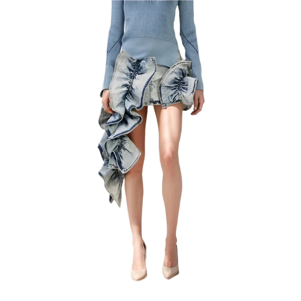 Denim Skirts for Women - High Waist Patchwork Ruffles Irregular Slimming Skirt - Fashionable & Trendy - Mini Skirt