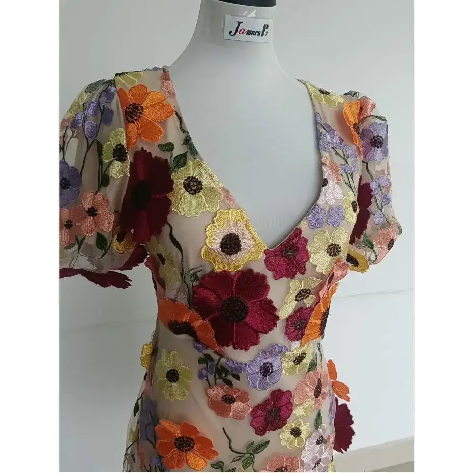 Designer 3D Flower Embroidery Lace Evening Holiday Prom Dress Women Formal Occasion Bodycon Long Sleeve Midi Party