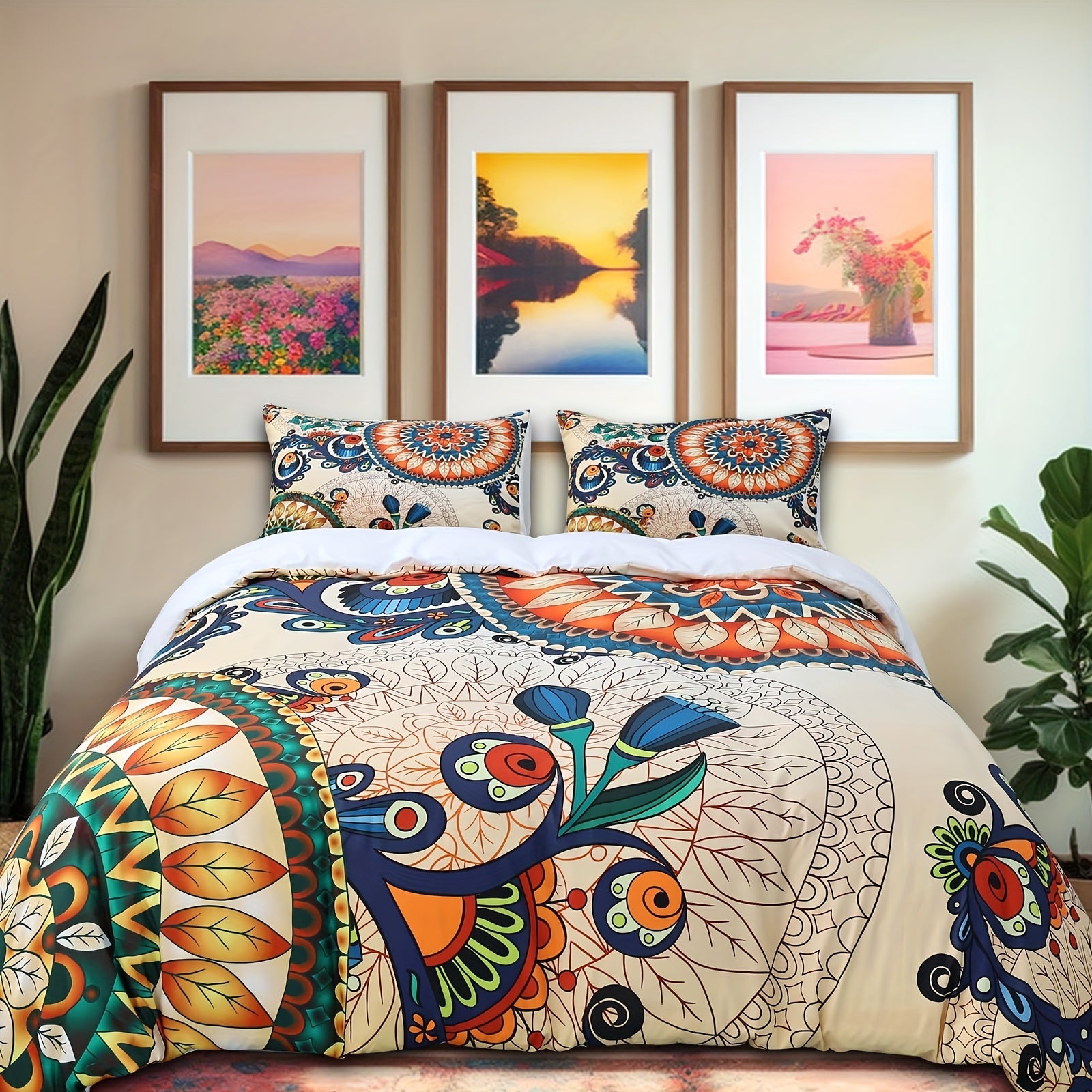 3-Piece Bohemian Duvet Cover Set - Vintage Floral Indian Mandala Printed Bedding with 2 Pillowcases, Hippie Bedroom Decor (No Filler)