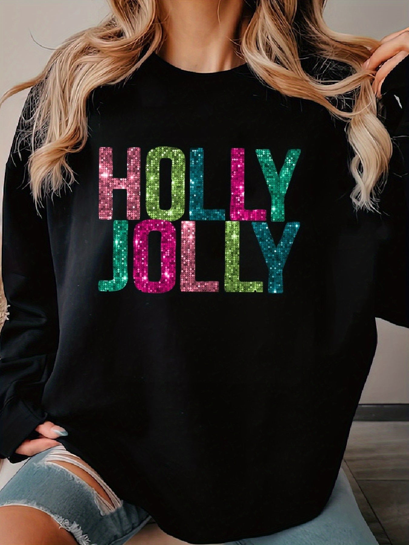 Holly Jolly Faux Sequins Glitter Christmas Pullover Sweater - Cozy Women's Classic Print Crew Neck Long Sleeve Sweater