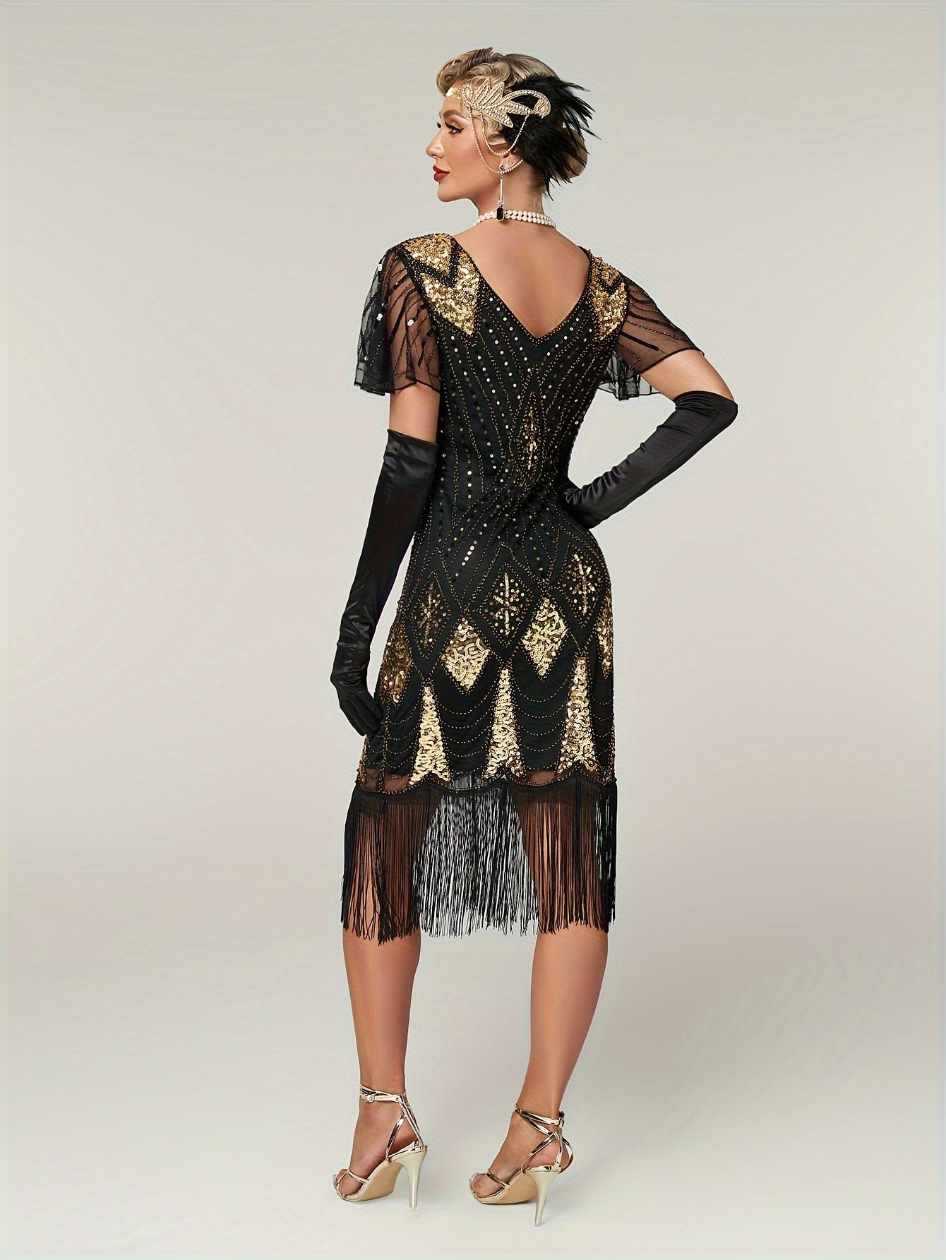 Sparkling Vintage Sequin V-Neck Midi Tunic Dress - Flapper-Inspired Comfort Fit with Fringe Hem, All-Season Women's Attire