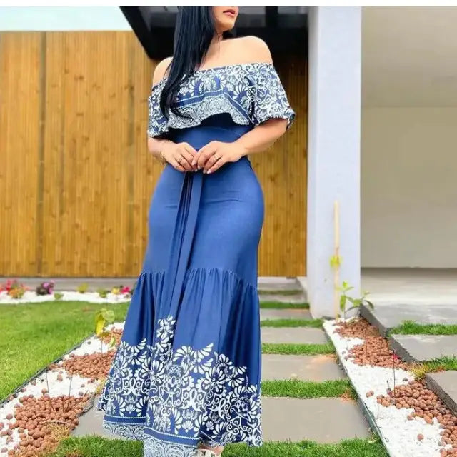Eco-Chic Tribal Print Off The Shoulders Maxi Dress – Sustainable Vacation Style for Free-Spirit Boho Women