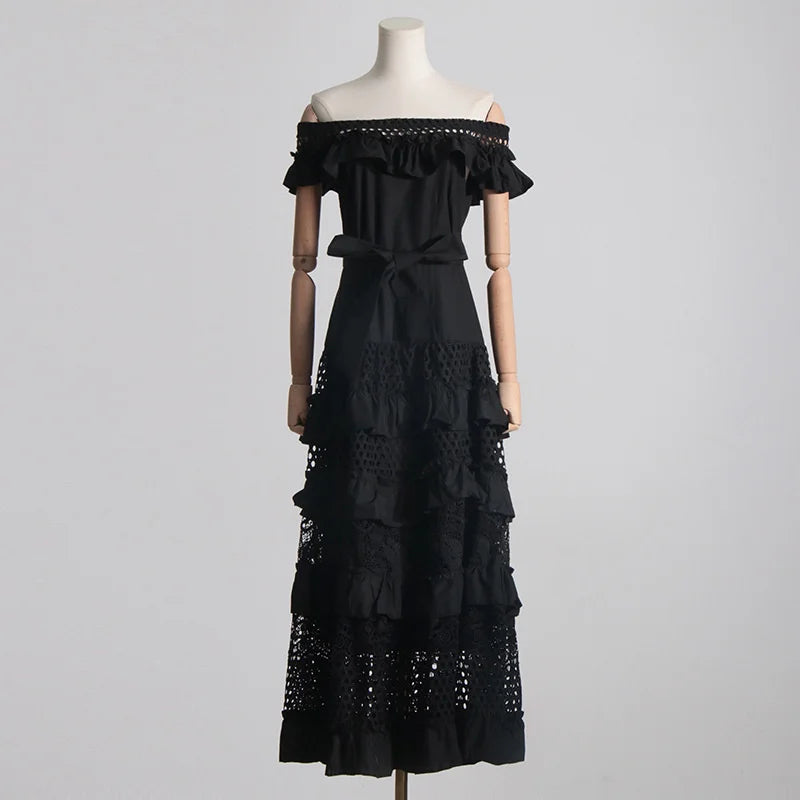 Elegant Boho Lace Cake Dress – Women’s 2023 Summer Maxi Party Gown with Ruffles & Slash Neck - Maxi Dress
