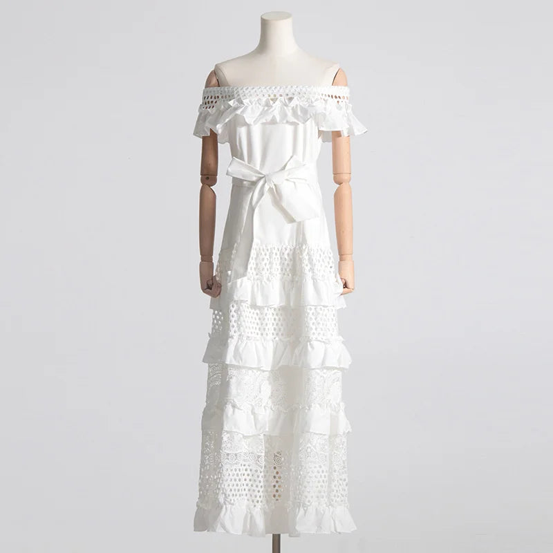 Elegant Boho Lace Cake Dress – Women’s 2023 Summer Maxi Party Gown with Ruffles & Slash Neck - Maxi Dress