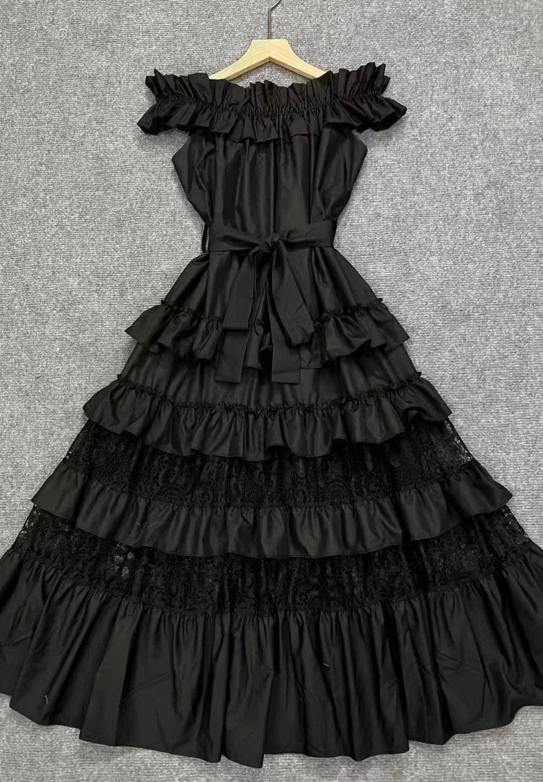 Elegant Boho Lace Cake Dress – Women’s 2023 Summer Maxi Party Gown with Ruffles & Slash Neck - S / black chest 110cm