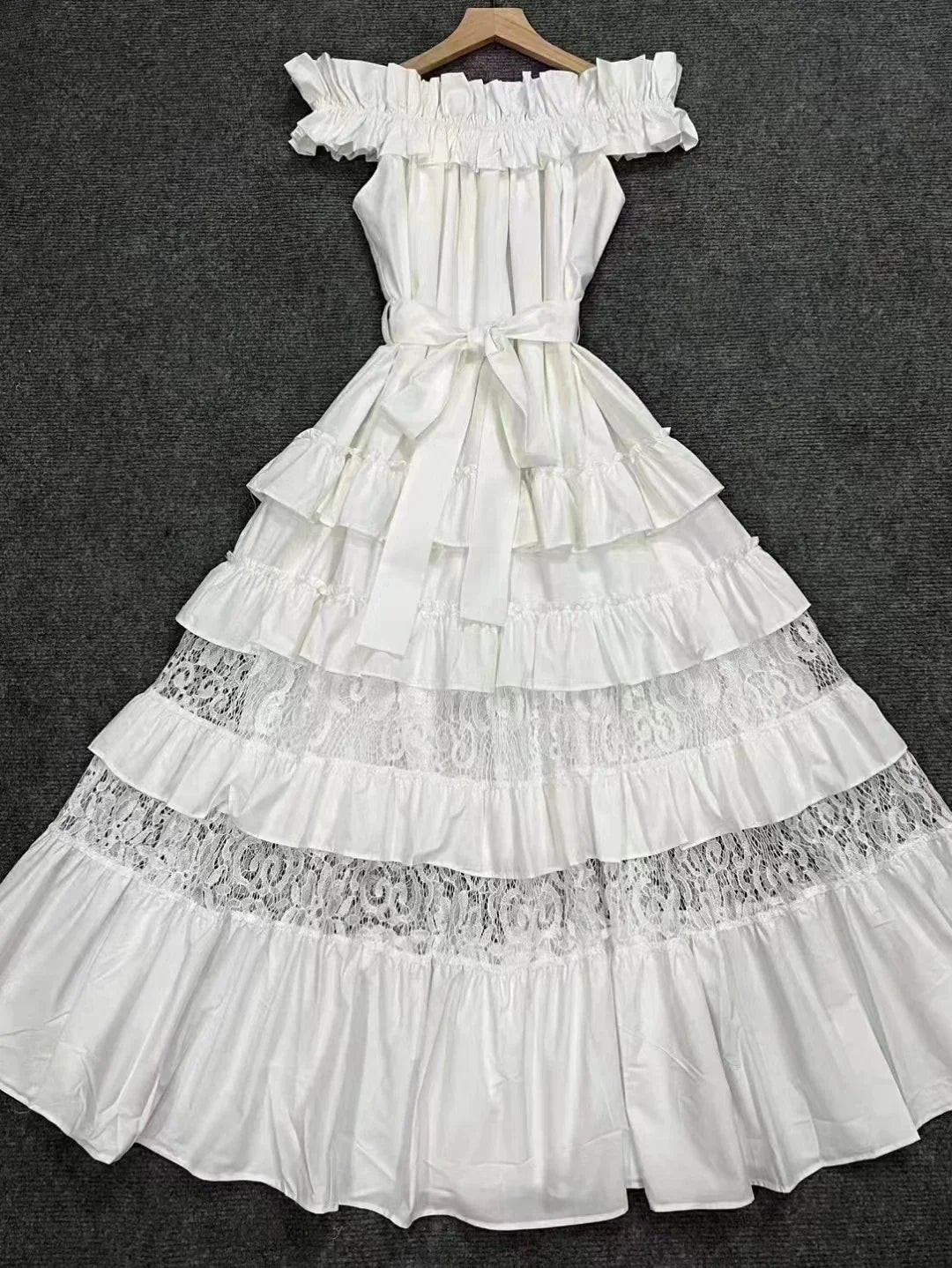 Elegant Boho Lace Cake Dress – Women’s 2023 Summer Maxi Party Gown with Ruffles & Slash Neck - S / white chest 110cm