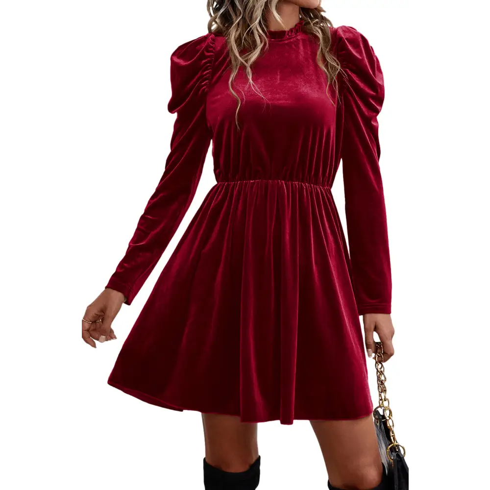 Elegant Chestnut Velvet Swing Dress with Frilled Neck and Gigot Sleeves - Perfect for Autumn Events and Holiday