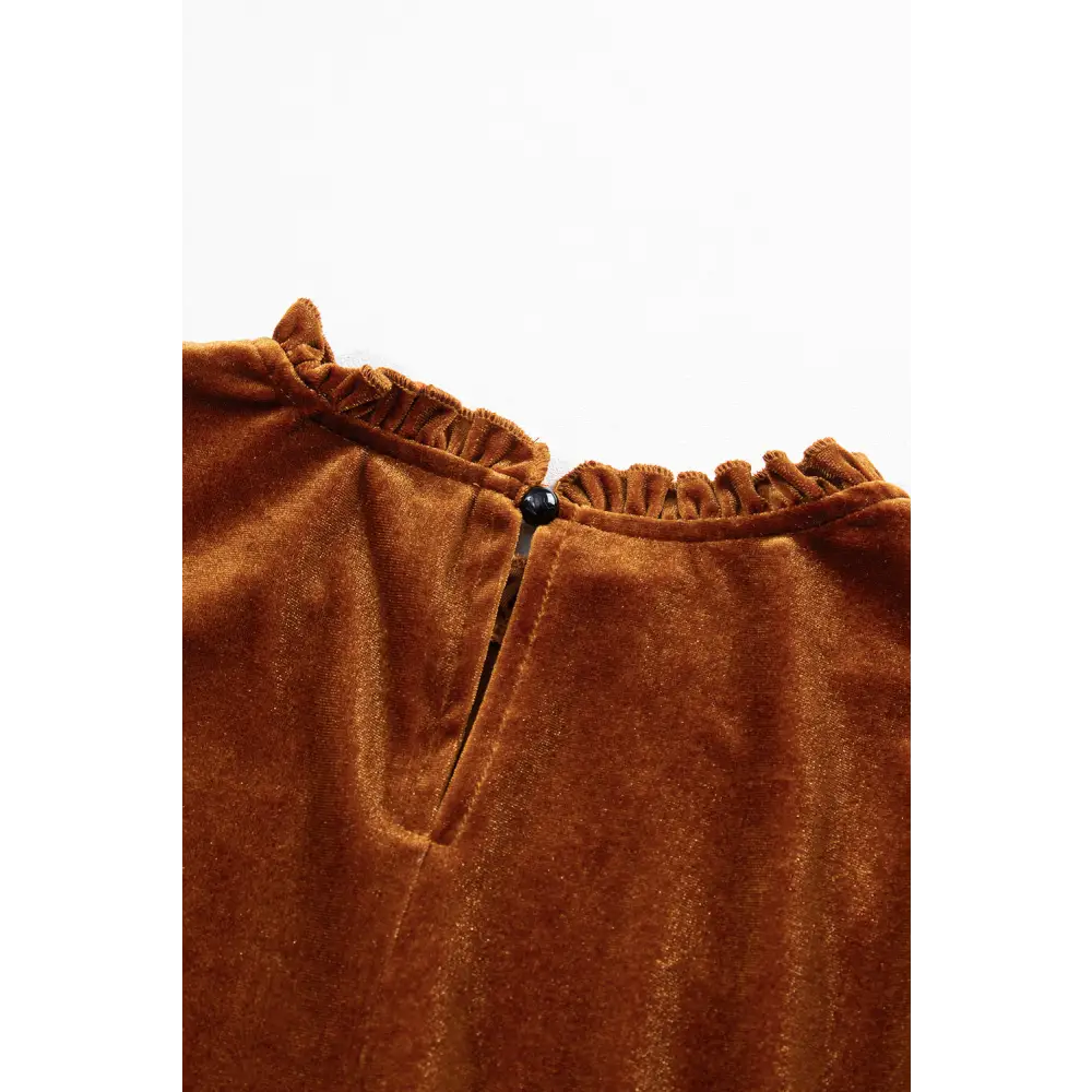 Elegant Chestnut Velvet Swing Dress with Frilled Neck and Gigot Sleeves - Perfect for Autumn Events and Holiday
