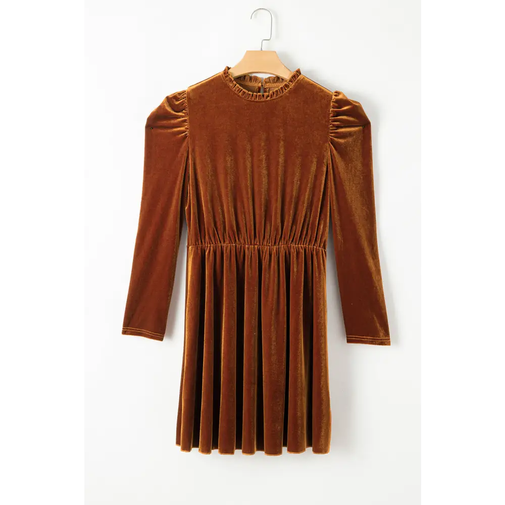 Elegant Chestnut Velvet Swing Dress with Frilled Neck and Gigot Sleeves - Perfect for Autumn Events and Holiday