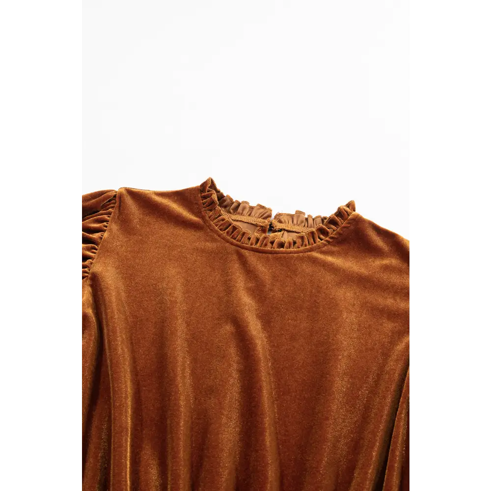 Elegant Chestnut Velvet Swing Dress with Frilled Neck and Gigot Sleeves - Perfect for Autumn Events and Holiday