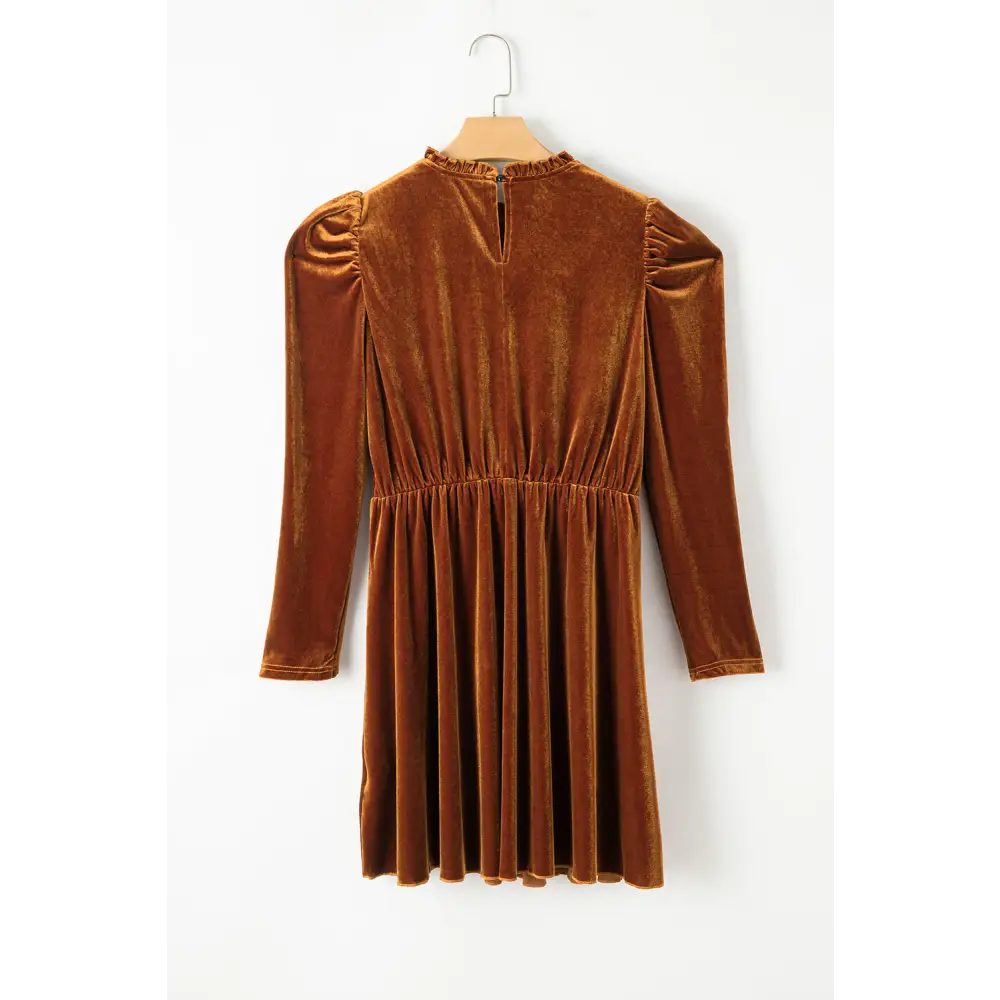 Elegant Chestnut Velvet Swing Dress with Frilled Neck and Gigot Sleeves - Perfect for Autumn Events and Holiday