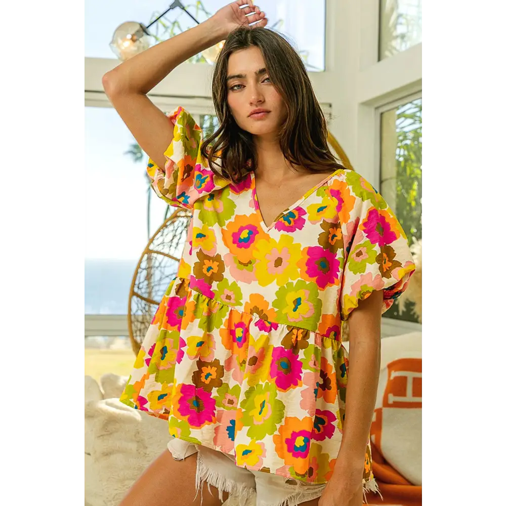 Elegant Green Floral Print Peplum Blouse with Puff Sleeves - Perfect for Work or Weekend Wear - Blouses