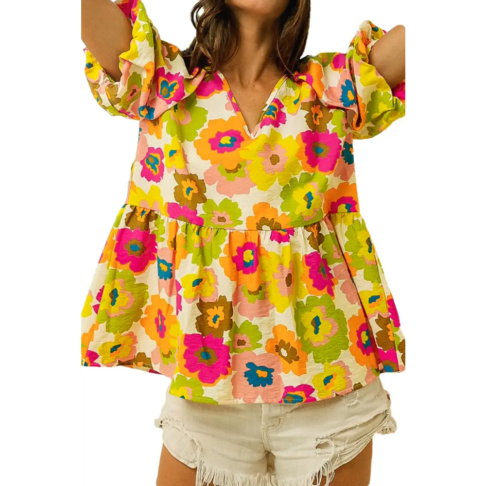 Elegant Green Floral Print Peplum Blouse with Puff Sleeves - Perfect for Work or Weekend Wear - Blouses