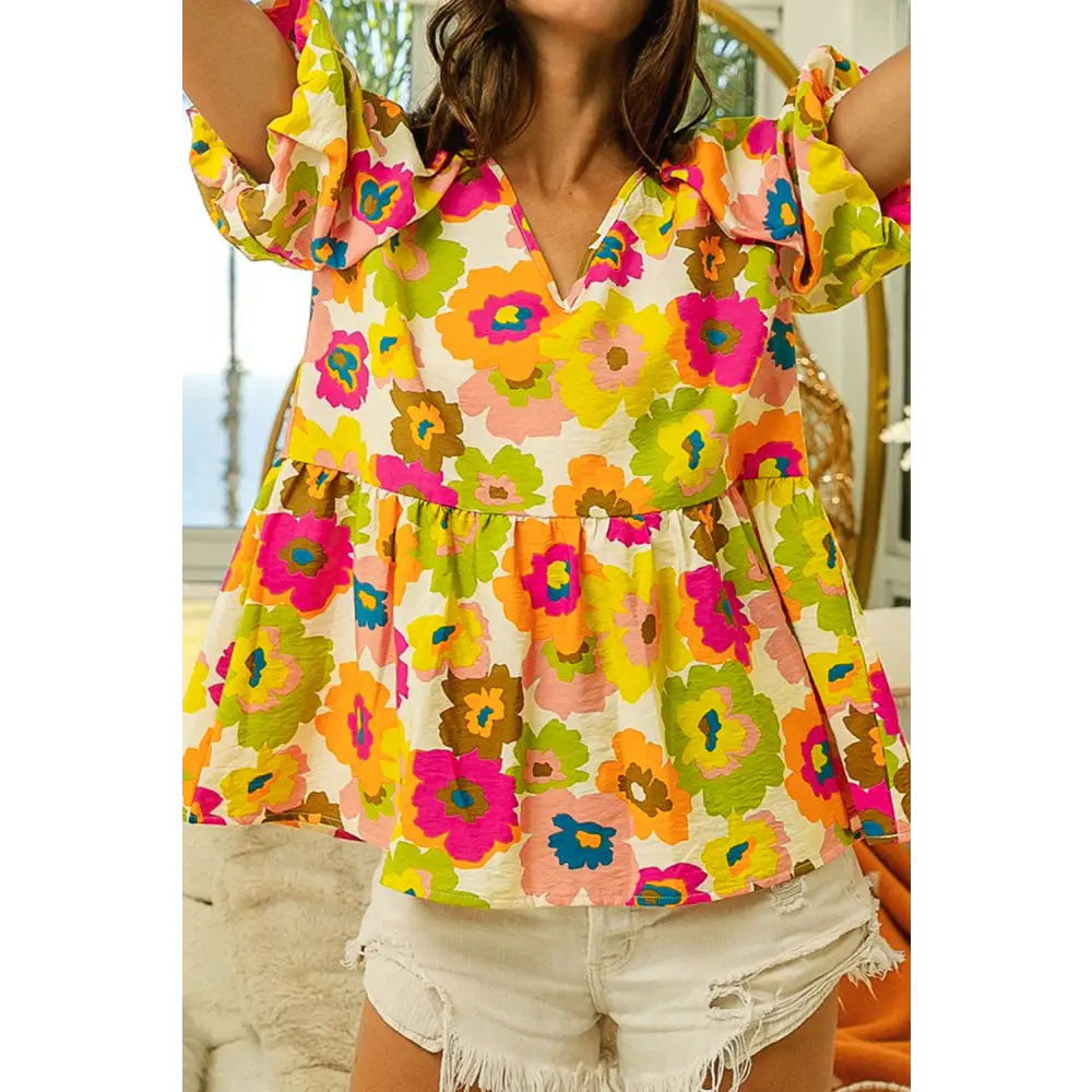 Elegant Green Floral Print Peplum Blouse with Puff Sleeves - Perfect for Work or Weekend Wear - Green / S - Blouses