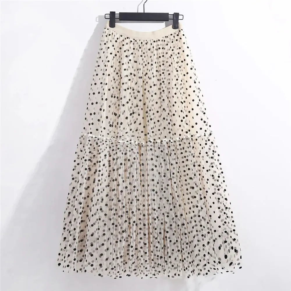 Elegant Polka Dot Tulle Skirt - Women’s Casual Elastic High Waist A-Line Midi Skirt Princess-Inspired Mesh Pleated